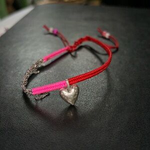 Surfer bracelet/ anklet in red and hot pink with silver heart